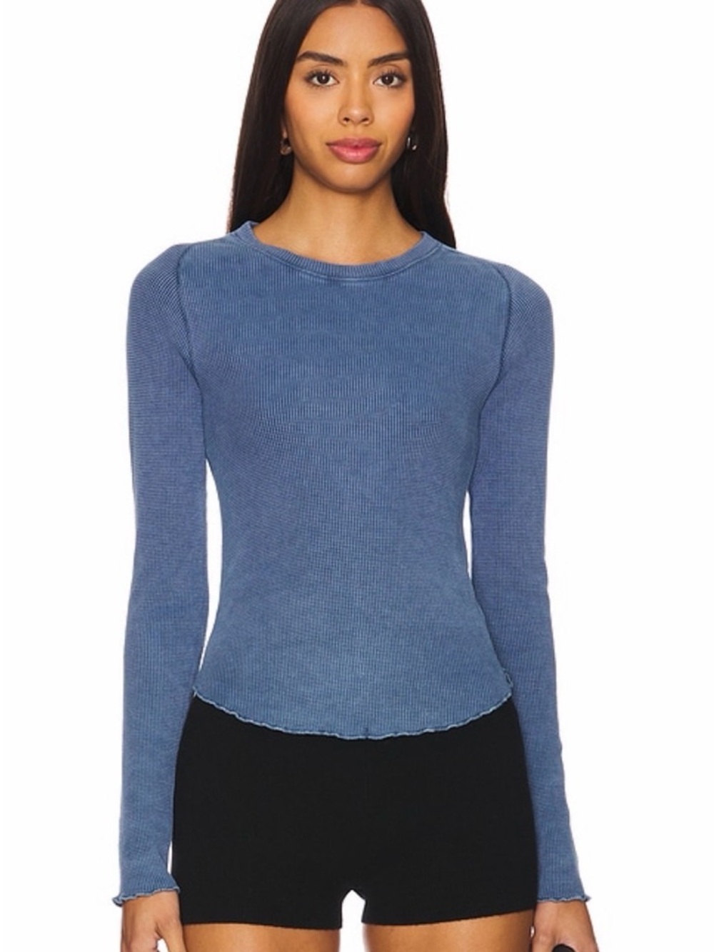 We The Free Blue Ribbed Long-Sleeve Crewneck Top